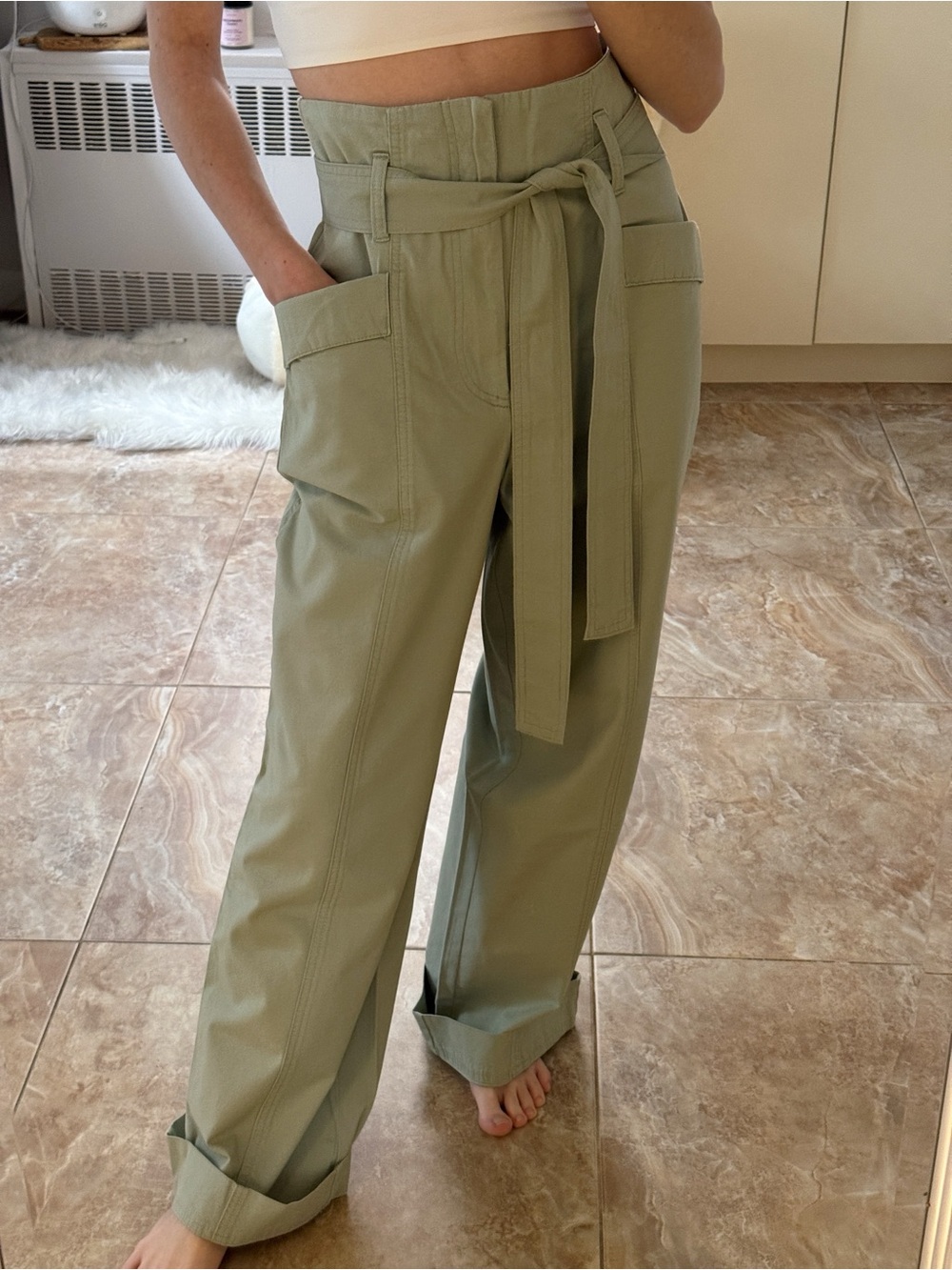 A New Day Sage Green Paperbag Waist Pants – Size 2